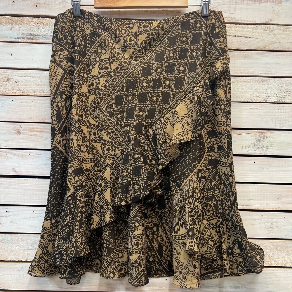 Y2K Boho Tiered Ruffle Skirt Handkerchief Hem Festival Gypsy Brown Black L Chaps